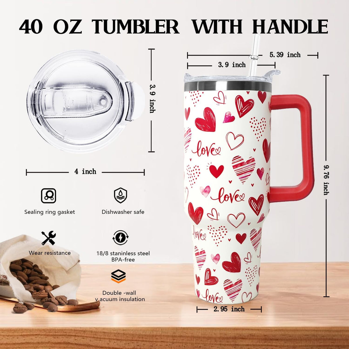 Love Tumbler 40 Oz Valentine Heart Tumbler With Handle,Valentine''s Day Coffee Travel Mug Cup Water Bottle,Heart Decor,Valent