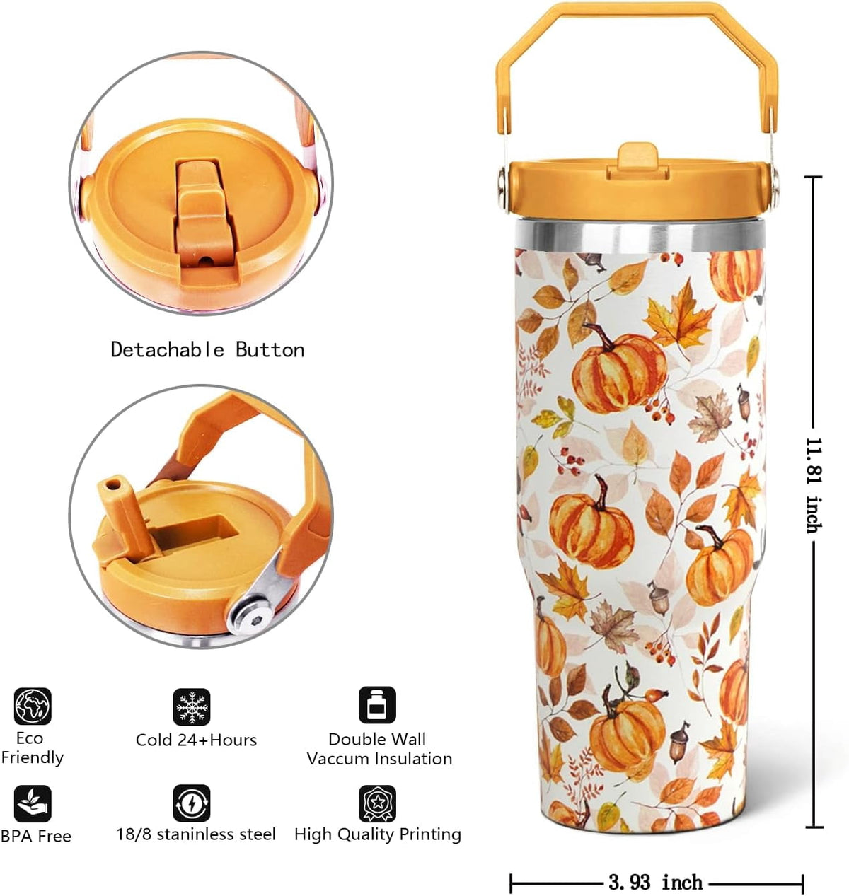 30oz Fall Pumpkin Flip Tumbler with Handle lid and Straw,Fall Coffee Travel Mug Cup Water Botter,Fall Gifts for Women,Fall St