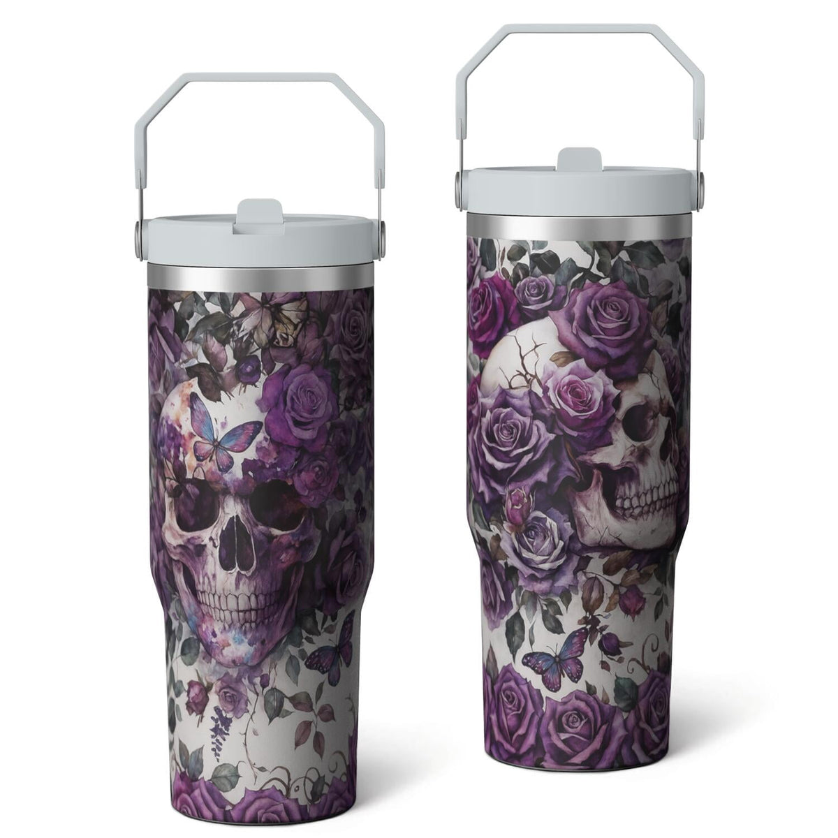 1pc Halloween Skull 30oz Tumbler with Straw & Handle - Insulated Stainless Steel Cup | Holiday Gift for Man Women (Christmas,