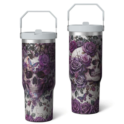 1pc Halloween Skull 30oz Tumbler with Straw & Handle - Insulated Stainless Steel Cup | Holiday Gift for Man Women (Christmas,