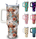 40oz Cute Highland Cow Tumbler with Handle and Straw, Animal Lovers Gifts for Women, Cattle Stainless Steel Travel Mug Water 