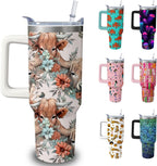 40oz Cute Highland Cow Tumbler with Handle and Straw, Animal Lovers Gifts for Women, Cattle Stainless Steel Travel Mug Water 