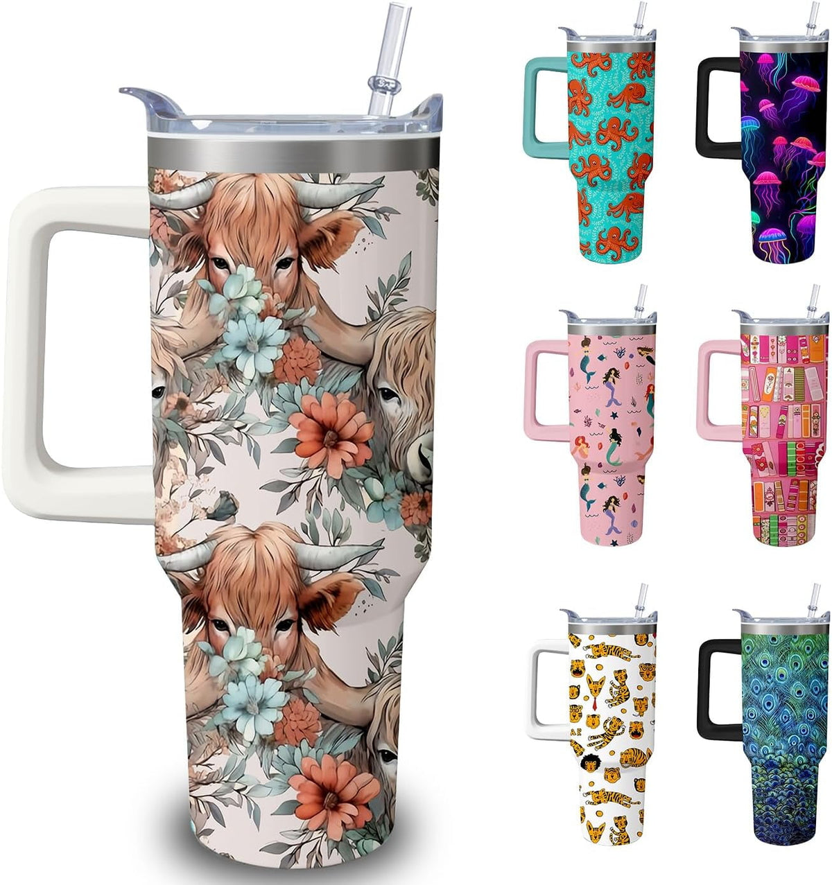 40oz Cute Highland Cow Tumbler with Handle and Straw, Animal Lovers Gifts for Women, Cattle Stainless Steel Travel Mug Water 
