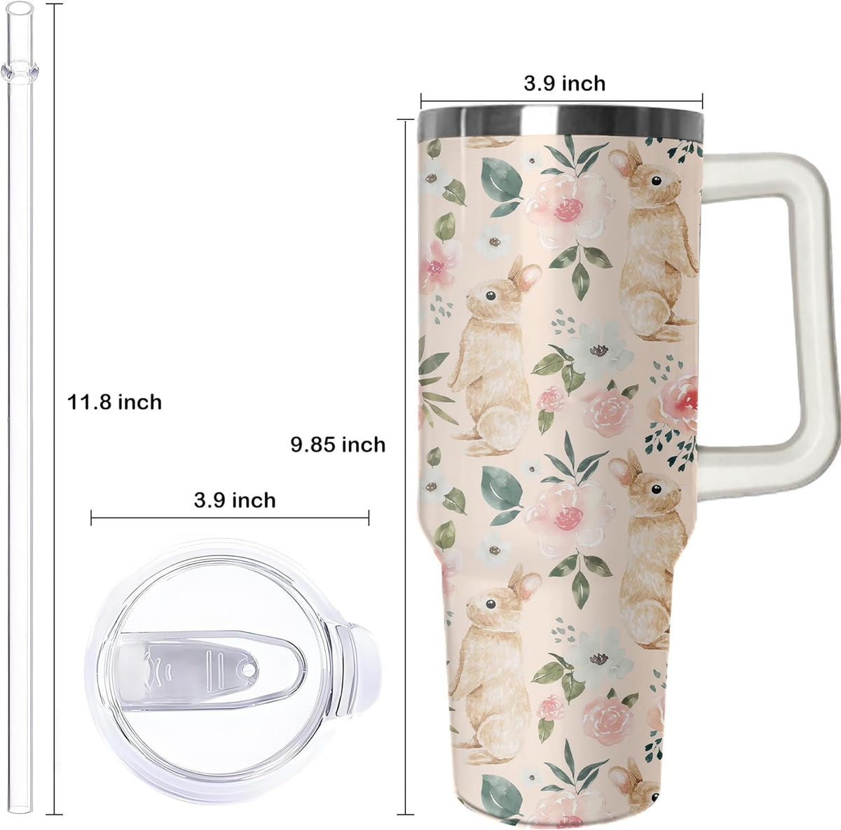 40oz Easter Bunny Tumbler with Handle and Straw, Rabbit Stainless Steel Travel Mug Water Bottle, Vacuum Insulated Cup, Gifts 