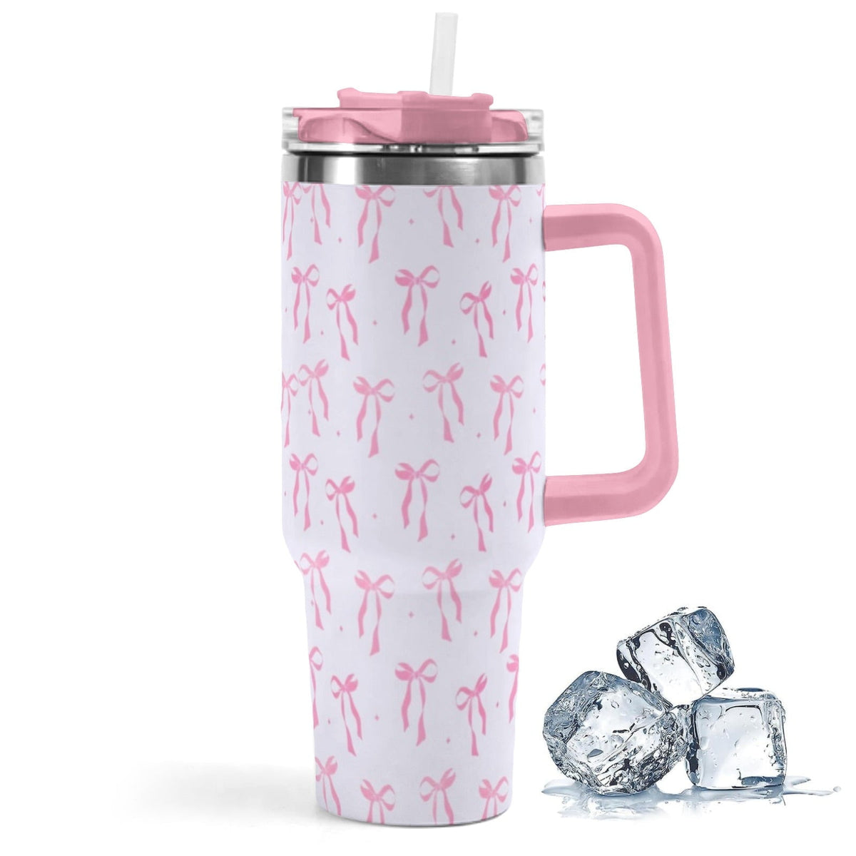 40oz Elegant Pink Bow Tumbler - Insulated Travel Mug with Handle, Reusable Straw & Leak-Proof Lid|Women's Gift for Birthday, 