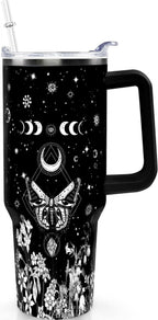 40oz Goth Gothic Tumbler with Handle and Straw, Stainless Steel Vacuum Insulated Flip Straw Butterfly Moon Tumbler, Spill Pro