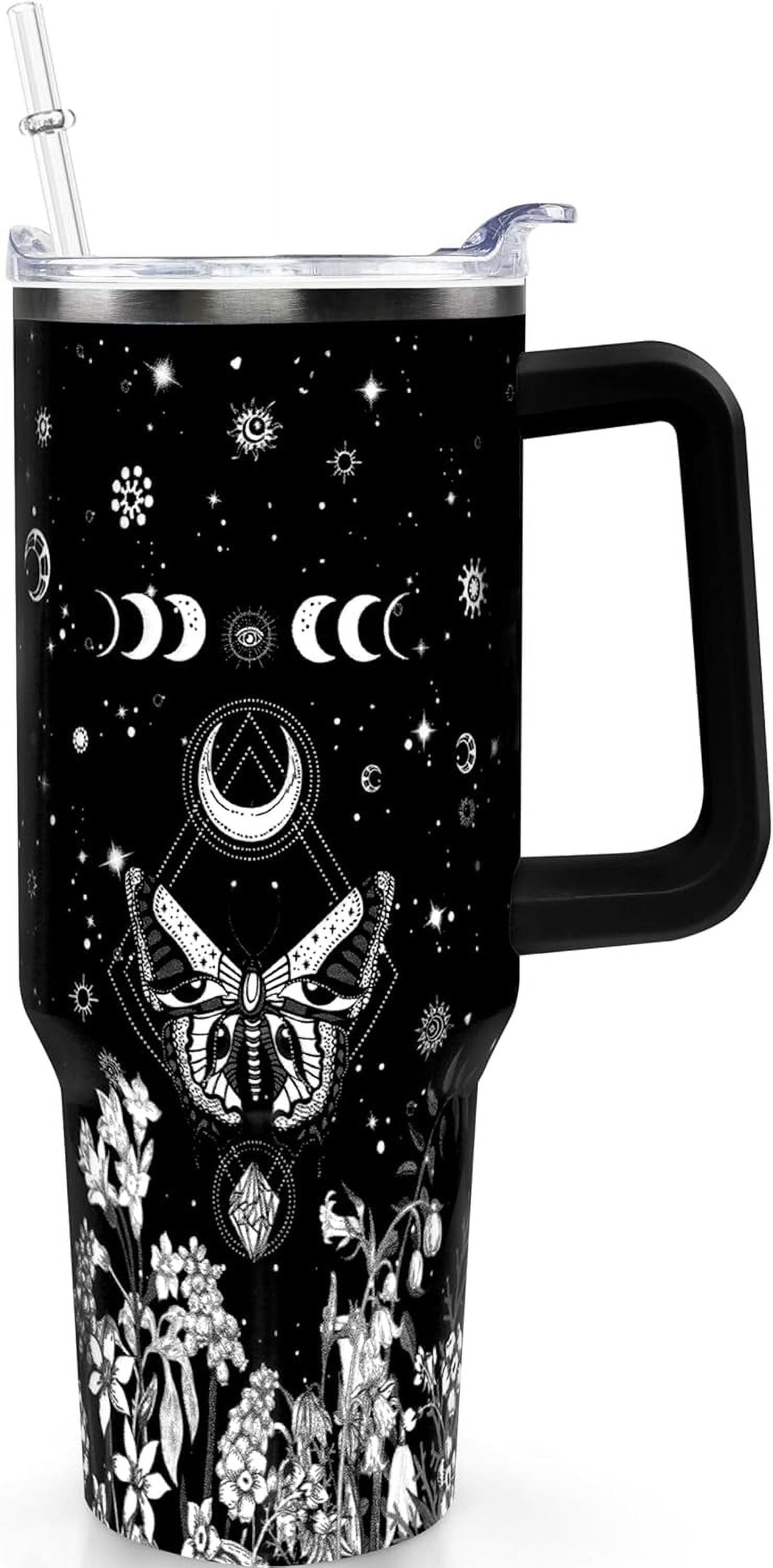 40oz Goth Gothic Tumbler with Handle and Straw, Stainless Steel Vacuum Insulated Flip Straw Butterfly Moon Tumbler, Spill Pro