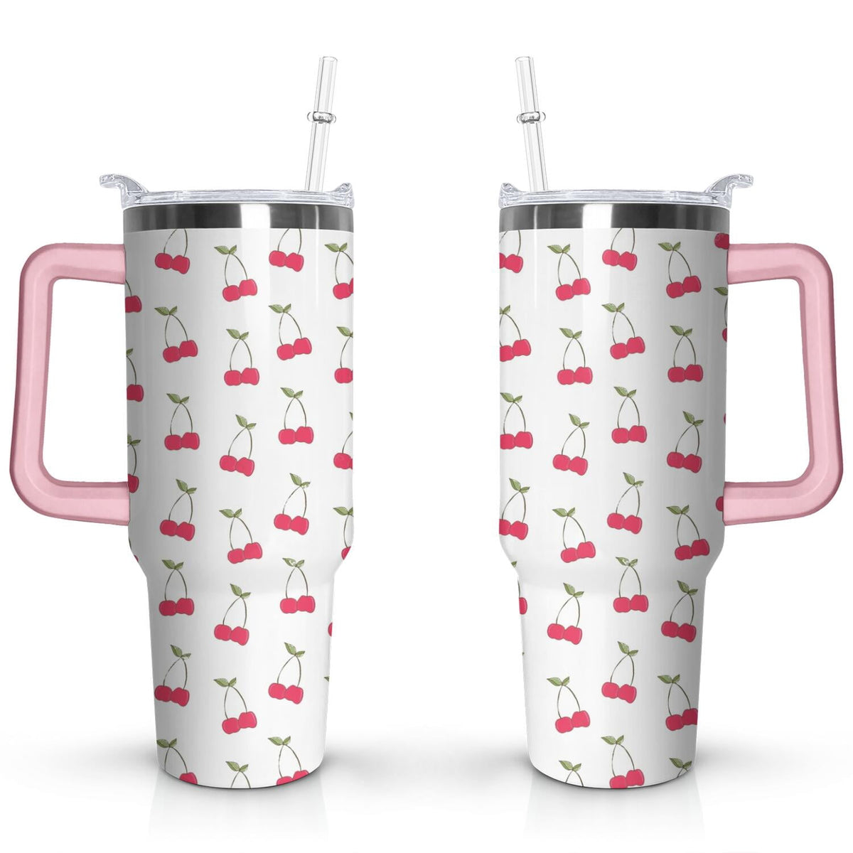 40oz Red Cherry Fruit Pattern Stainless Steel Flip Straw Tumbler Spill