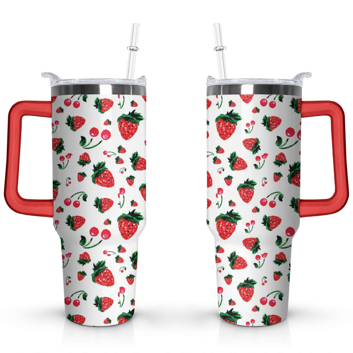 40oz Red Cherry Fruit Pattern Stainless Steel Flip Straw Tumbler Spill