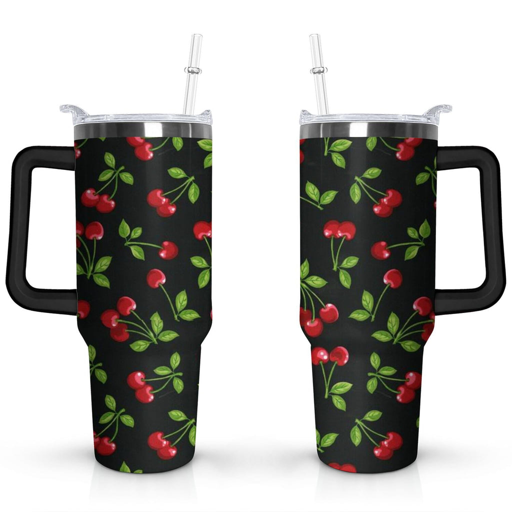 40oz Red Cherry Fruit Pattern Stainless Steel Flip Straw Tumbler Spill Proof Travel Cup Double Wall Vacuum Insulated Coffee M