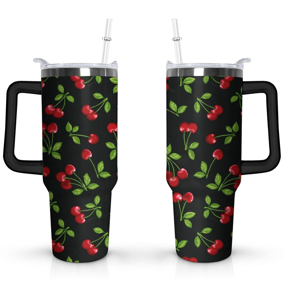 40oz Red Cherry Fruit Pattern Stainless Steel Flip Straw Tumbler Spill Proof Travel Cup Double Wall Vacuum Insulated Coffee M