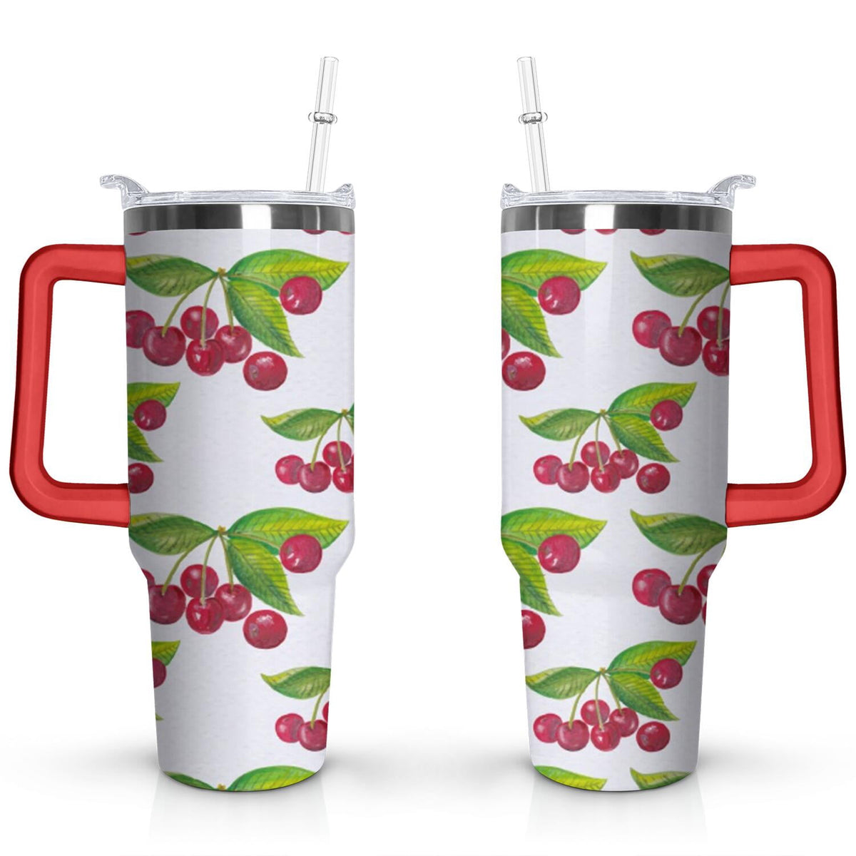 40oz Red Cherry Fruit Pattern Stainless Steel Flip Straw Tumbler Spill