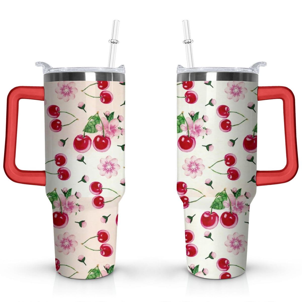 40oz Red Cherry Fruit Pattern Stainless Steel Flip Straw Tumbler Spill