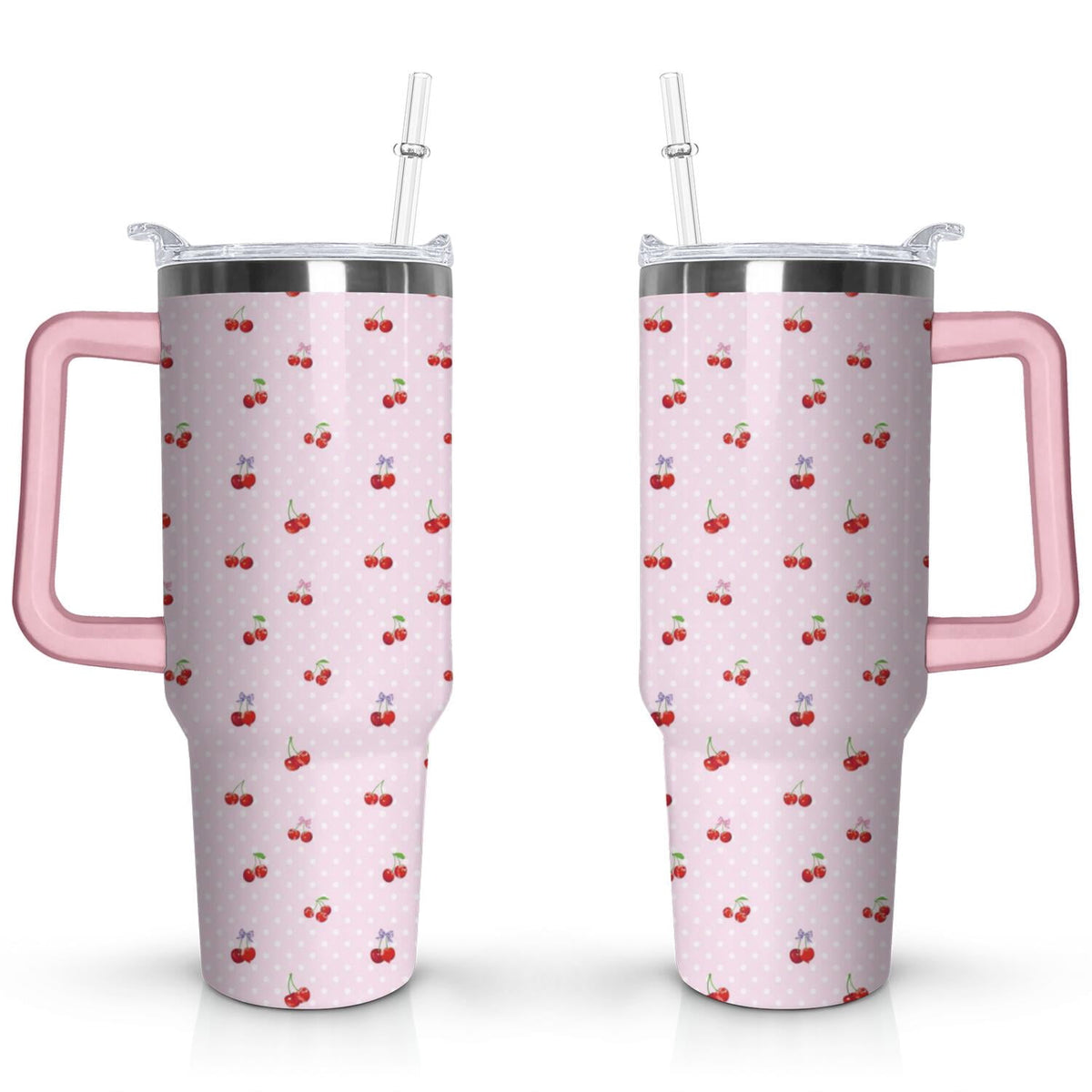 40oz Red Cherry Fruit Pattern Stainless Steel Flip Straw Tumbler Spill