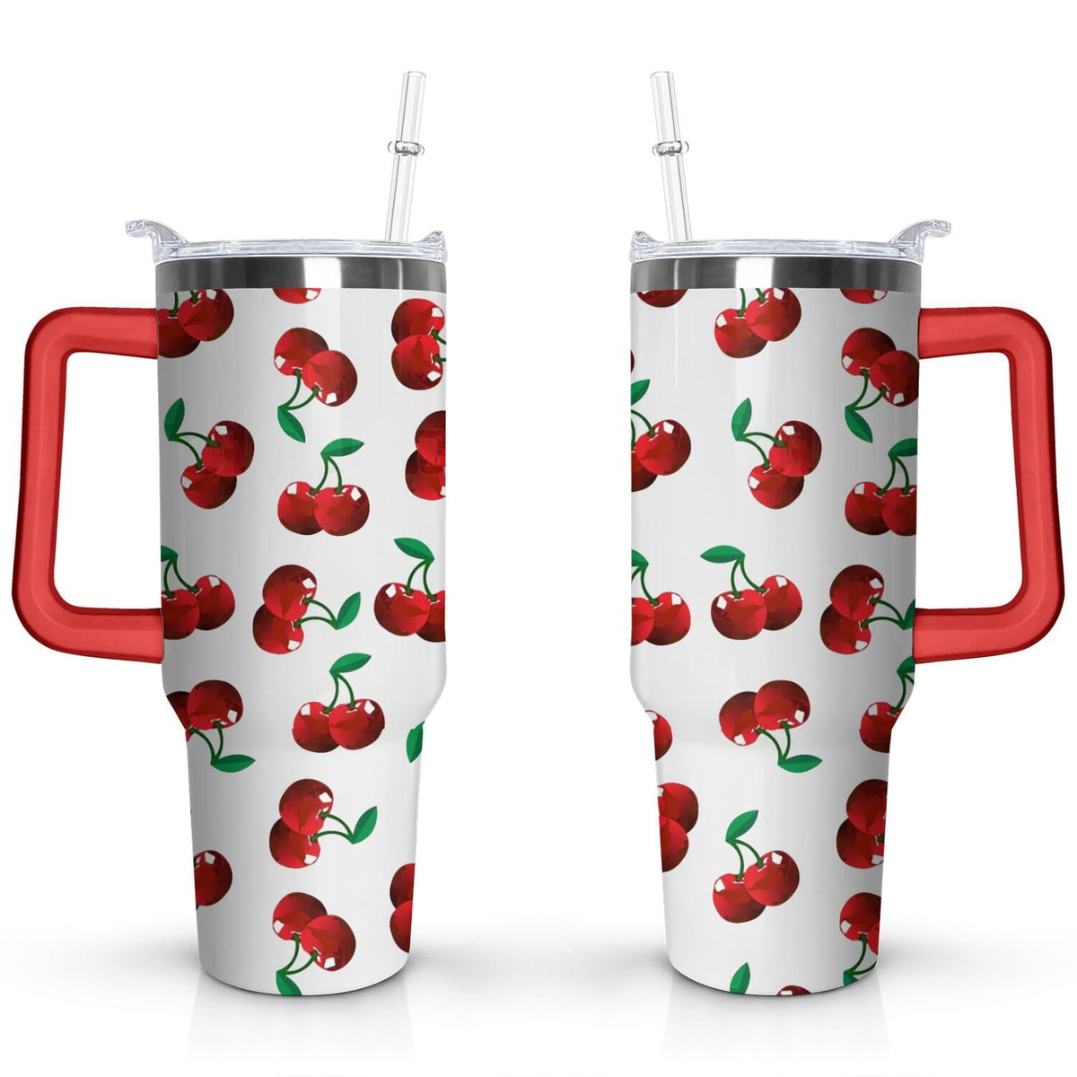 40oz Red Cherry Fruit Pattern Stainless Steel Flip Straw Tumbler Spill