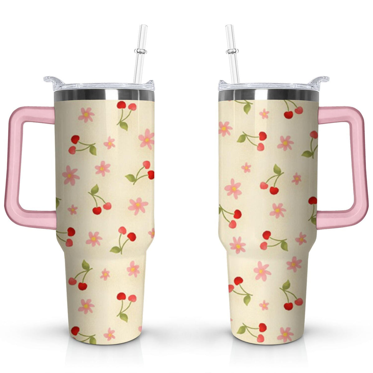 40oz Red Cherry Fruit Pattern Stainless Steel Flip Straw Tumbler Spill