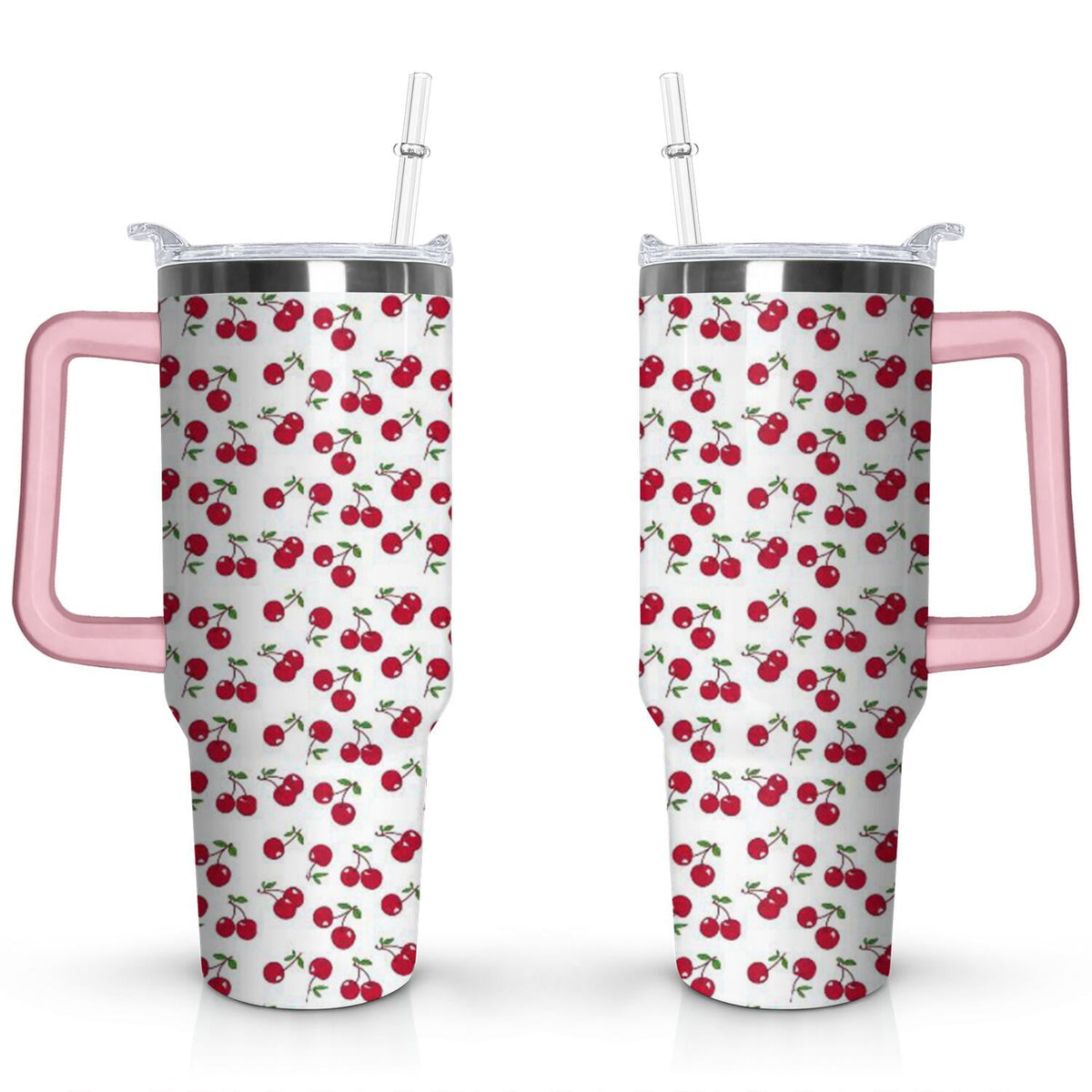 40oz Red Cherry Fruit Pattern Stainless Steel Flip Straw Tumbler Spill