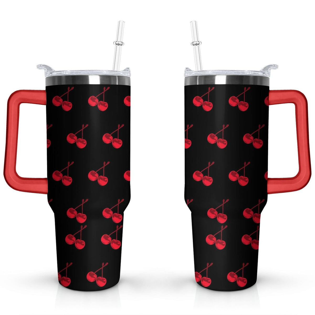 40oz Red Cherry Fruit Pattern Stainless Steel Flip Straw Tumbler Spill