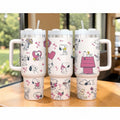 40oz Snoopy Tumbler with Handle - Cute Hearts Flowers Peanuts Collage Cup, Romantic Puppy Dog Insulated Travel Mug, Sweet Gif