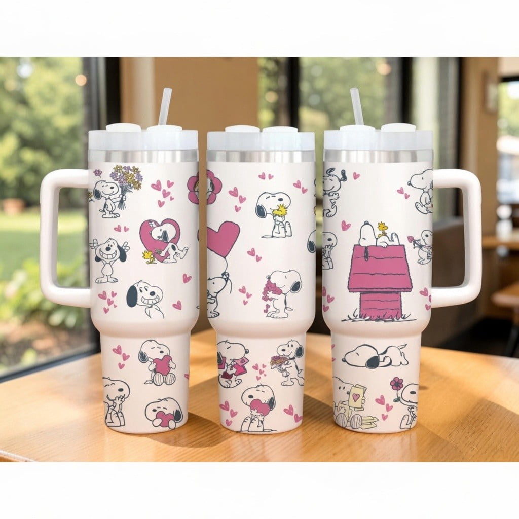 40oz Snoopy Tumbler with Handle - Cute Hearts Flowers Peanuts Collage Cup, Romantic Puppy Dog Insulated Travel Mug, Sweet Gif