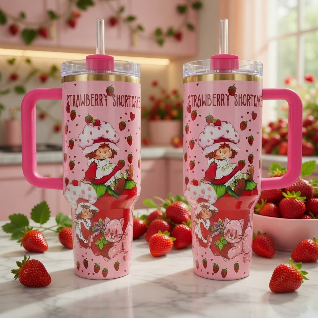 40oz Strawberry Shortcake Tumbler with Handle - Pink Berry Kawaii Cup, Cute Strawberry Girl Insulated Travel Mug, Sweet Gift 