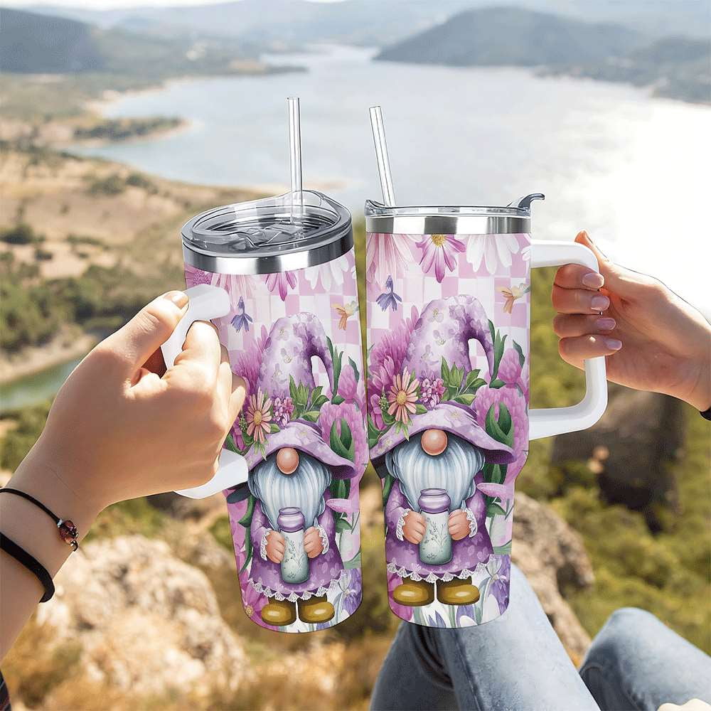 Purple Floral Gnome Stainless Steel Tumbler with Handle and Straw, Insulated Travel Mug for Women, Cute Spring Flower Cup Gif