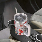 Cardinal Insulated Tumbler with Lid and Straw, Stainless Steel Travel Mug with Handle, Floral Rustic Cardinal Cup, Double Wal
