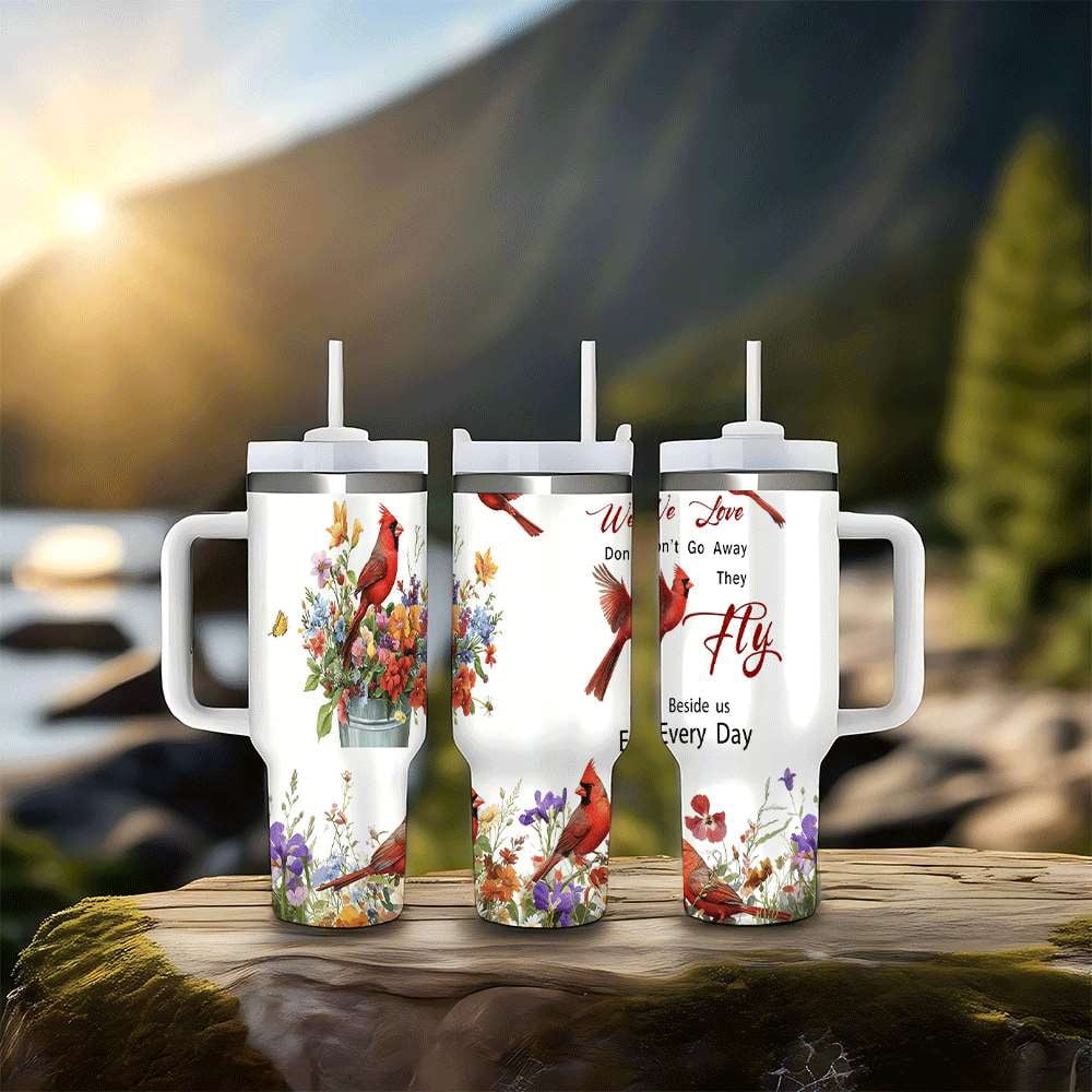 Cardinal Bird Floral Insulated Tumbler with Lid and Straw, Stainless Steel Travel Mug with Handle, Wildflower Spring Art Desi