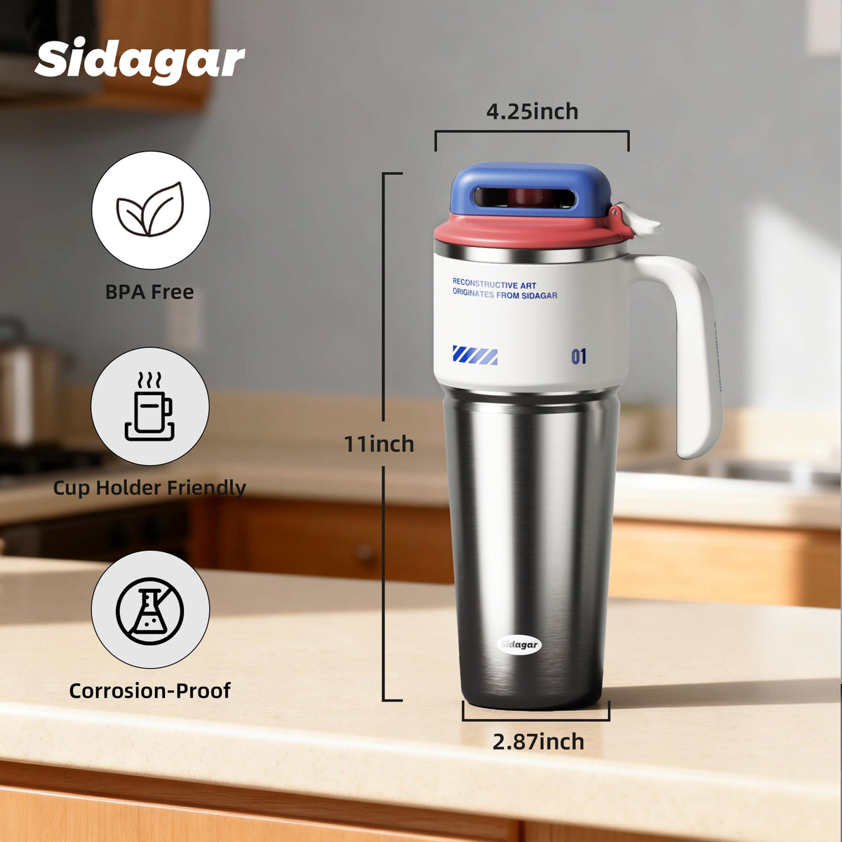 Sidagar 32 oz Stainless Steel Vacuum Insulated Tumbler with Straw and Handle, Arctic White