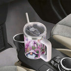 Purple Floral Gnome Stainless Steel Tumbler with Handle and Straw, Insulated Travel Mug for Women, Cute Spring Flower Cup Gif