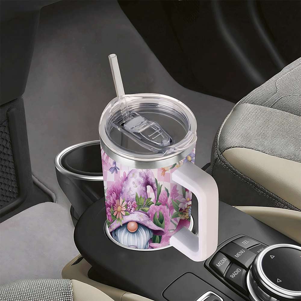 Purple Floral Gnome Stainless Steel Tumbler with Handle and Straw, Insulated Travel Mug for Women, Cute Spring Flower Cup Gif