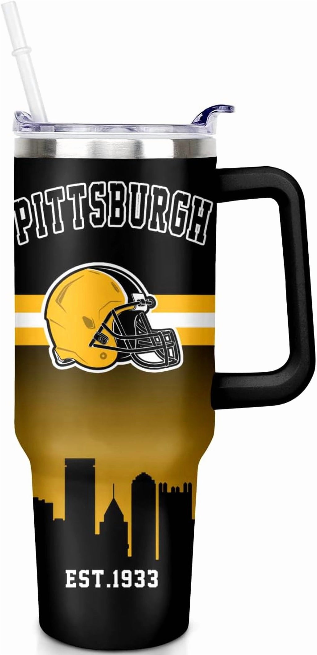 Football 40 OZ Pittsburgh Tumbler with Handle and Straw for Football Fans Gifts Football City Travel Mug Tumbler Cup for Men 
