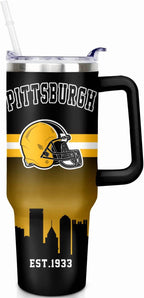 Football 40 OZ Pittsburgh Tumbler with Handle and Straw for Football Fans Gifts Football City Travel Mug Tumbler Cup for Men 