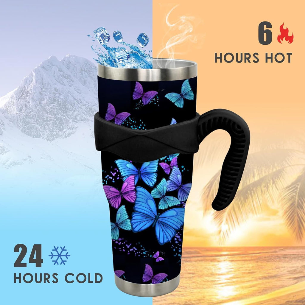 40 oz Tumbler with Handle and Straw 40oz Blue Purple Butterfly Cup Insulated Coffee Travel Mug Spill Proof Leak Proof 40 ounc