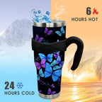40 oz Tumbler with Handle and Straw 40oz Blue Purple Butterfly Cup Insulated Coffee Travel Mug Spill Proof Leak Proof 40 ounc