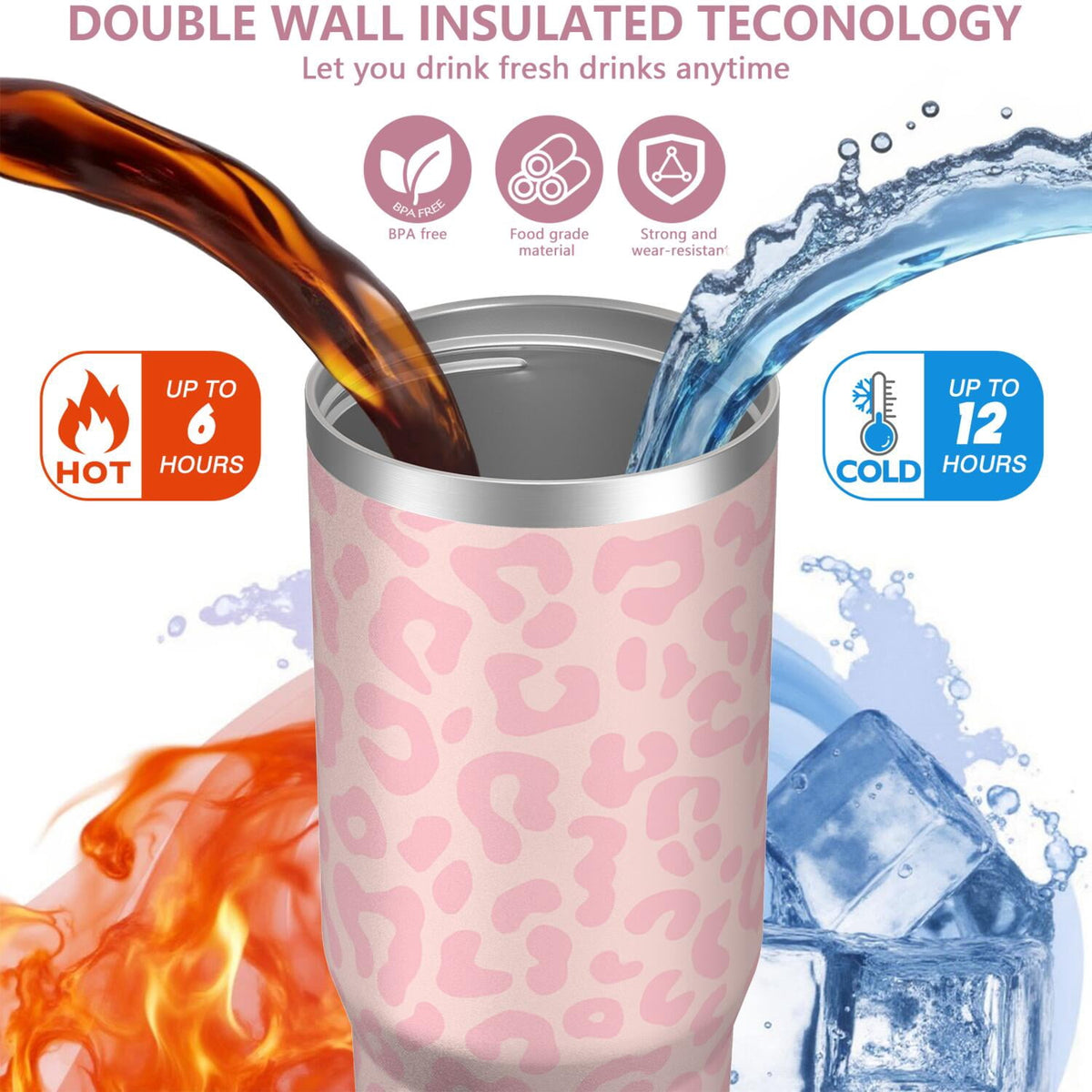 1pc Pink Leopard Print 30oz Tumbler with Straw & Handle - Insulated Stainless Steel Cup | Holiday Gift for Man Women (Christm