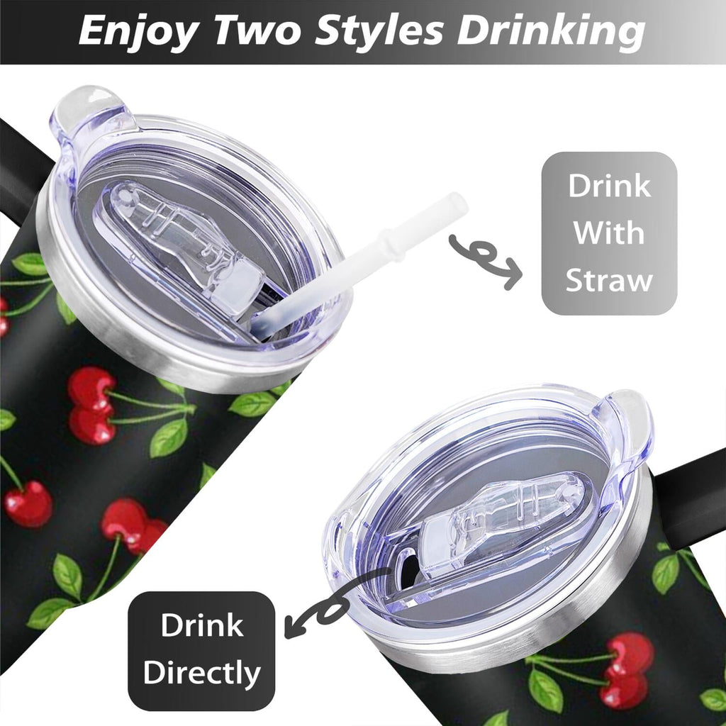 40oz Red Cherry Fruit Pattern Stainless Steel Flip Straw Tumbler Spill Proof Travel Cup Double Wall Vacuum Insulated Coffee M