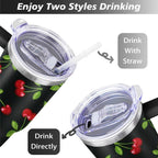 40oz Red Cherry Fruit Pattern Stainless Steel Flip Straw Tumbler Spill Proof Travel Cup Double Wall Vacuum Insulated Coffee M