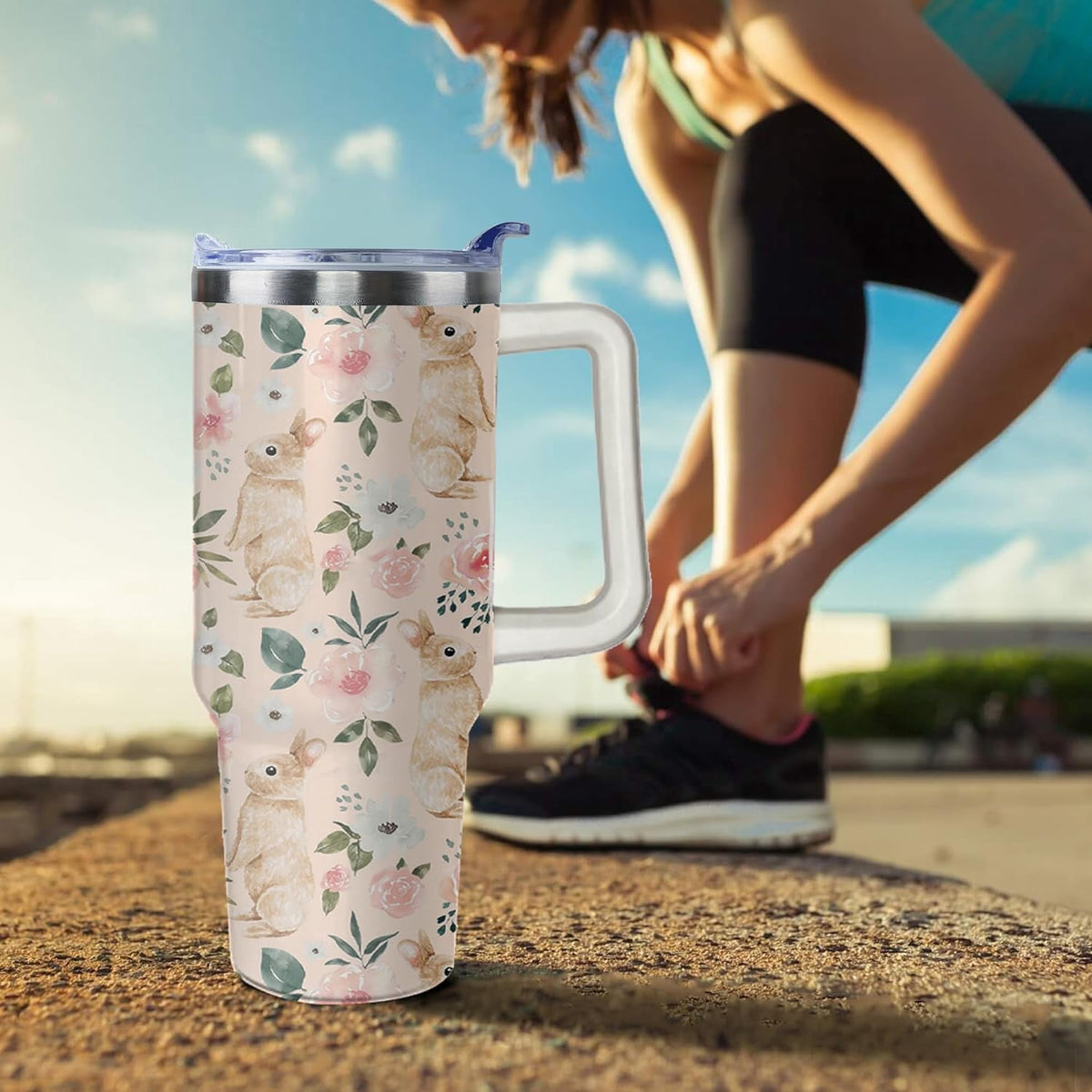 40oz Easter Bunny Tumbler with Handle and Straw, Rabbit Stainless Steel Travel Mug Water Bottle, Vacuum Insulated Cup, Gifts 
