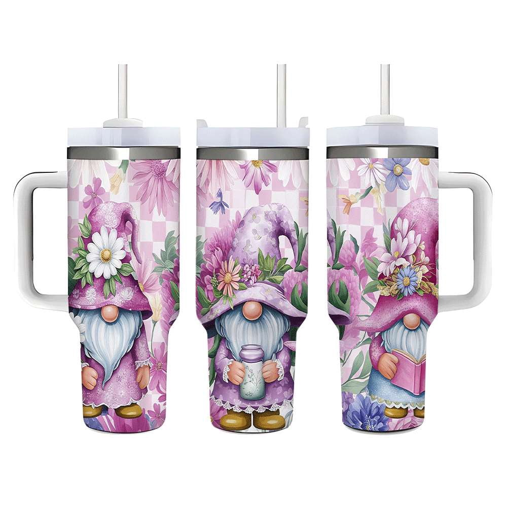 Purple Floral Gnome Stainless Steel Tumbler with Handle and Straw, Insulated Travel Mug for Women, Cute Spring Flower Cup Gif