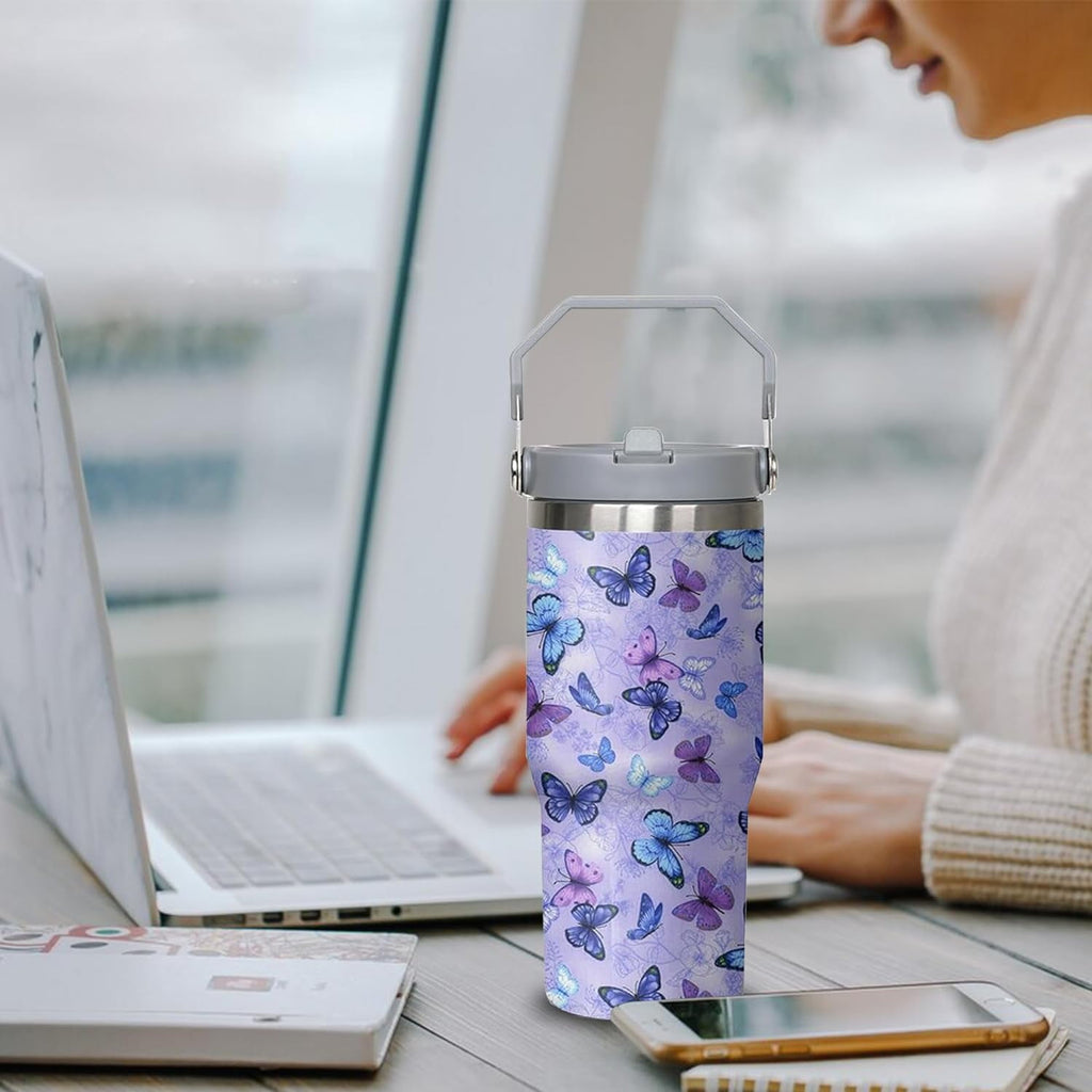 30 oz Purple Butterfly Tumbler with Handle and Filp Straw, Stainless Steel Cup with Lid and Straw, Travel Coffee Mug Insulate