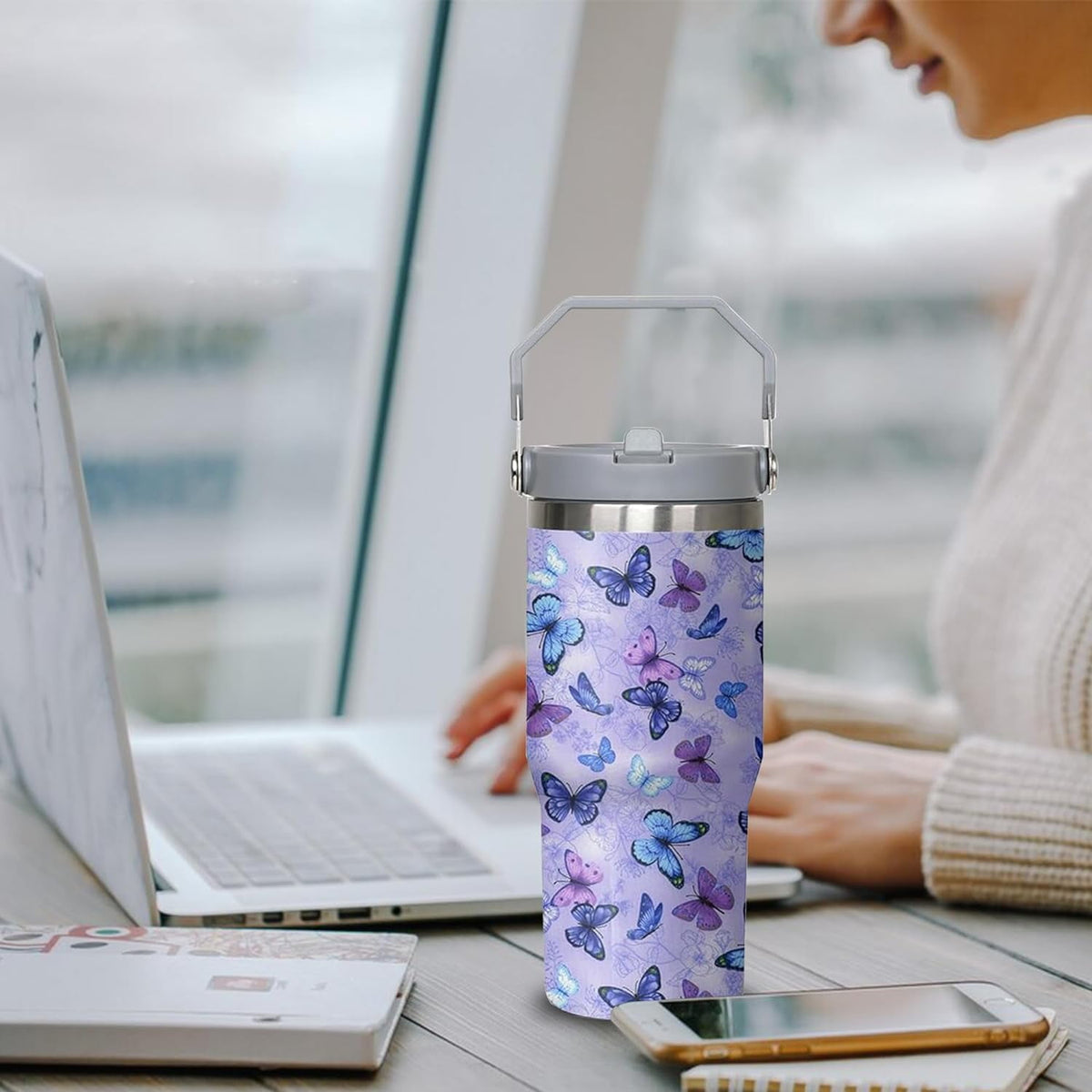 30 oz Purple Butterfly Tumbler with Handle and Filp Straw, Stainless Steel Cup with Lid and Straw, Travel Coffee Mug Insulate