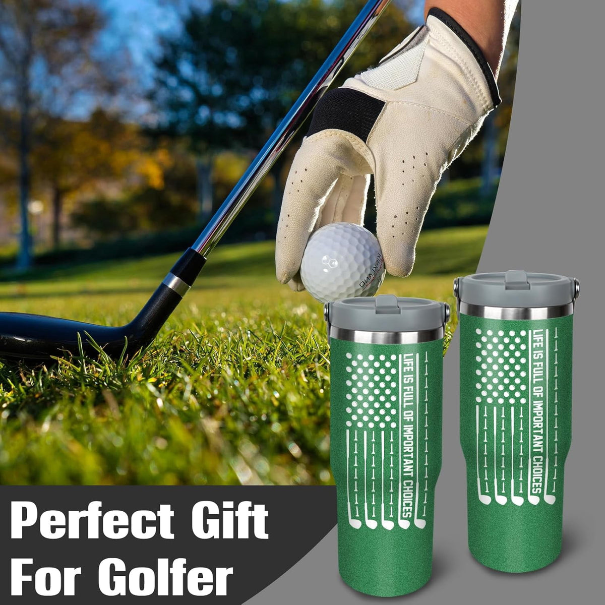 Golf Gifts For Men Women Golfers 30Oz Green Golf Tumbler With Handle 30 OZ Golf Travel Coffee Mug Water Bottle Stainless Stee