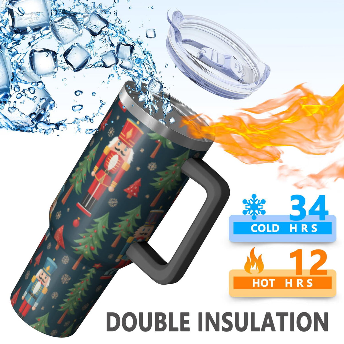 1pc nutcracker 40oz Tumbler with Straw & Handle - Insulated Stainless Steel Cup | Holiday Gift for Man Women (Christmas, Vale