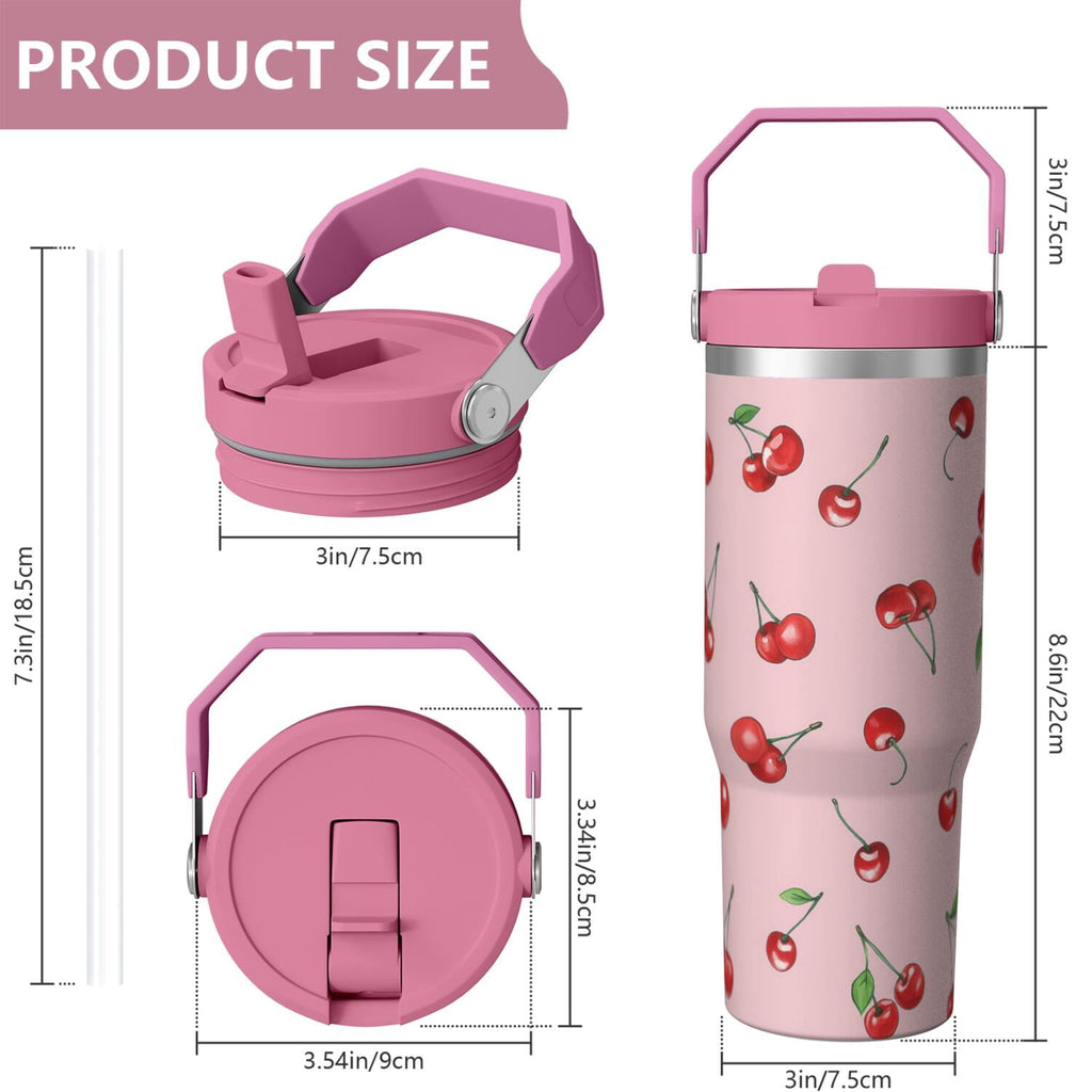 1pc cherry 30oz Tumbler with Straw & Handle - Insulated Stainless Steel Cup | Holiday Gift for Man Women (Christmas, Valentin