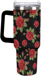 40 oz Insulated Floral Flowers Red Rose Coffee Tumbler with Portable Handle, Stainless Steel Vacuum Travel Mug for Unisex Hom