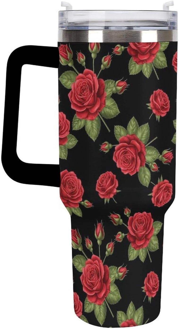 40 oz Insulated Floral Flowers Red Rose Coffee Tumbler with Portable Handle, Stainless Steel Vacuum Travel Mug for Unisex Hom