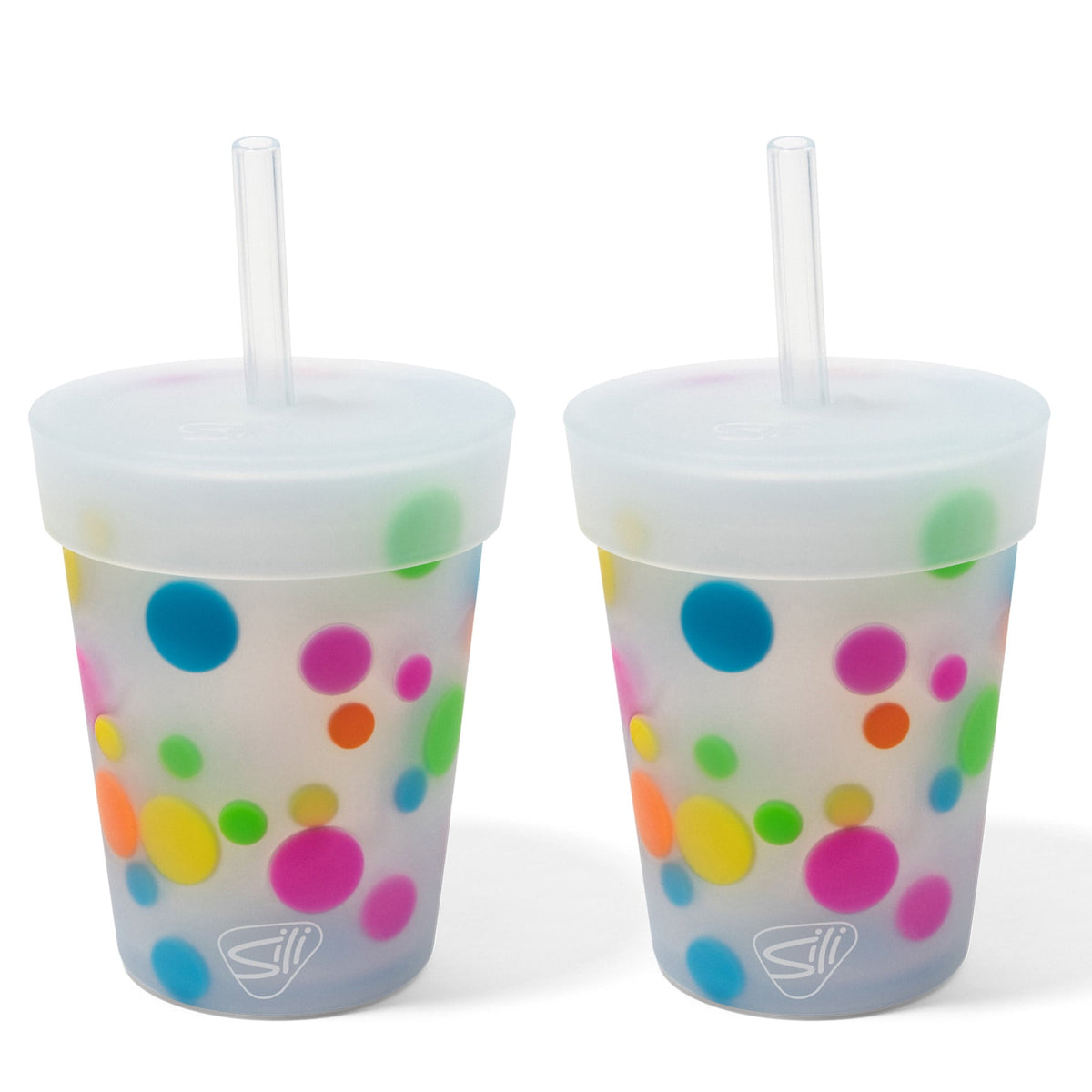 Silipint: Kids Straw Tumblers 8oz: 4 Pack - Polka Dots - Silicone Unbreakable Cups w/ No Leak Lids, Hot & Cold, Dishwasher-Mi