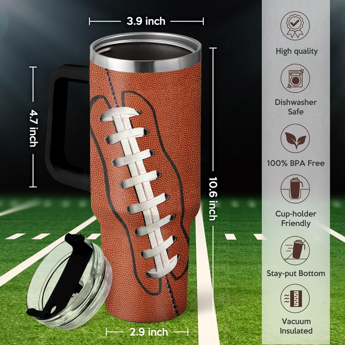 Football Tumbler with Handle 40oz Insulated Stainless Steel Cup with Lid & Straw, Travel Cup, Gifts for Men, Boys, Players, C