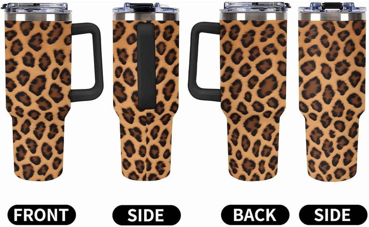 40oz Insulated Stainless Steel Tumbler with Handle, Abstract Brown Leopard Print Leakproof Water Bottles Travel Mug with Lid 